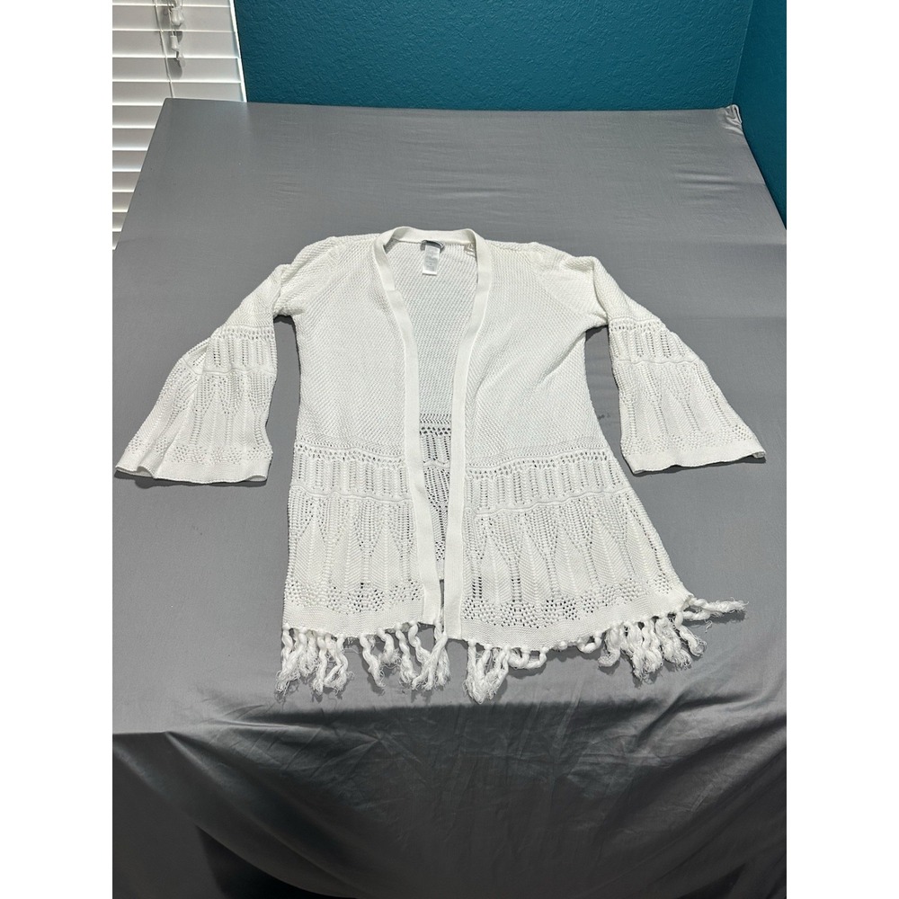 Tommy Bahama‎ White Open Knit Bell Sleeve Fringe Cardigan L